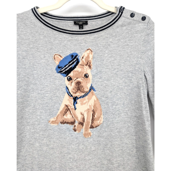 Talbots Petite Gray French Bulldog Graphic Sweater Classic Preppy Parisian Chic - Picture 5 of 9